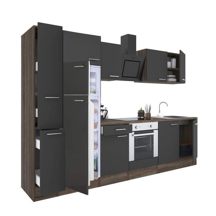 Set mobila bucatarie Yorki 300, corp din stejar Yorki, fata antracit satinat, element de jos cuptor, frigider cu congelator superior