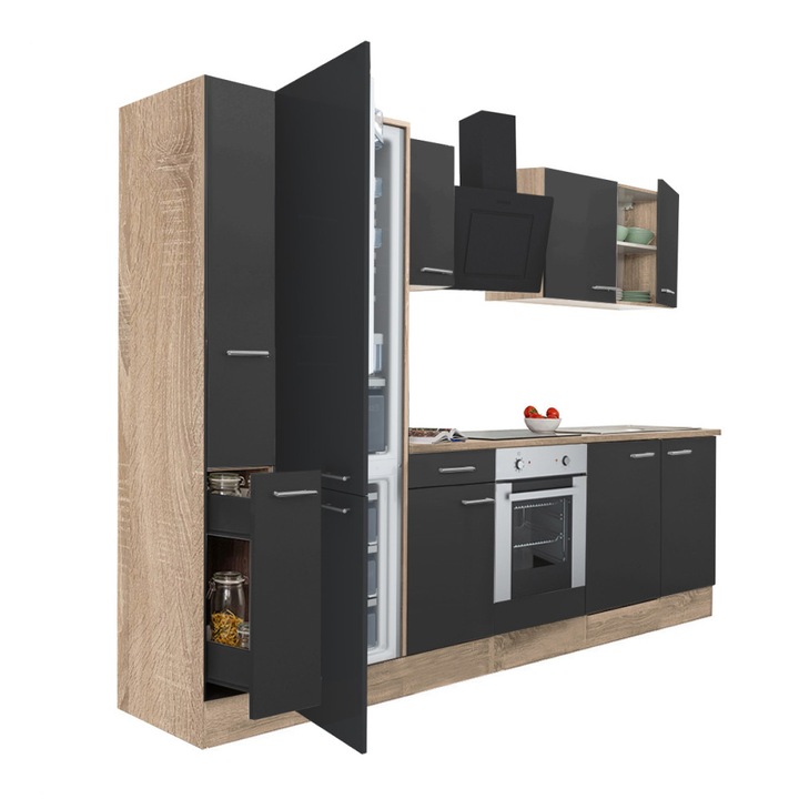 Set mobila bucatarie Yorki 300, corp din stejar sonoma, fata antracit satinat, element cuptor inferioara, frigider congelator inferior