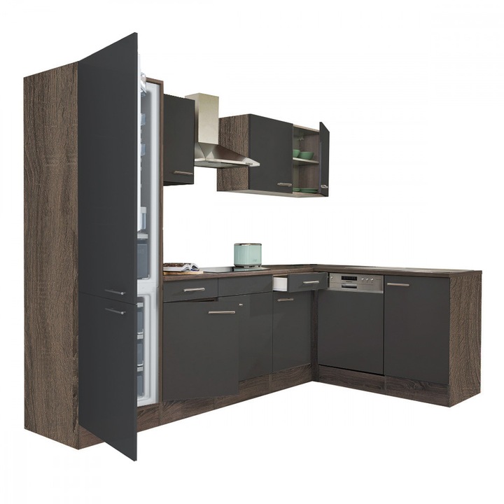 Set mobila bucatarie coltar Yorki 280, corp din stejar Yorki, fata antracit satinat, cu frigider sub chiuveta