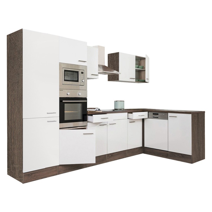 Set mobila bucatarie coltar Yorki 340, corp din stejar Yorki, fata alb satinat, dulap cu raft