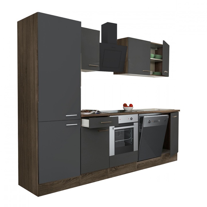 Set mobila bucatarie Yorki 280, corp din stejar Yorki, fata antracit satinat cu element inferior cuptor, dulap cu raft