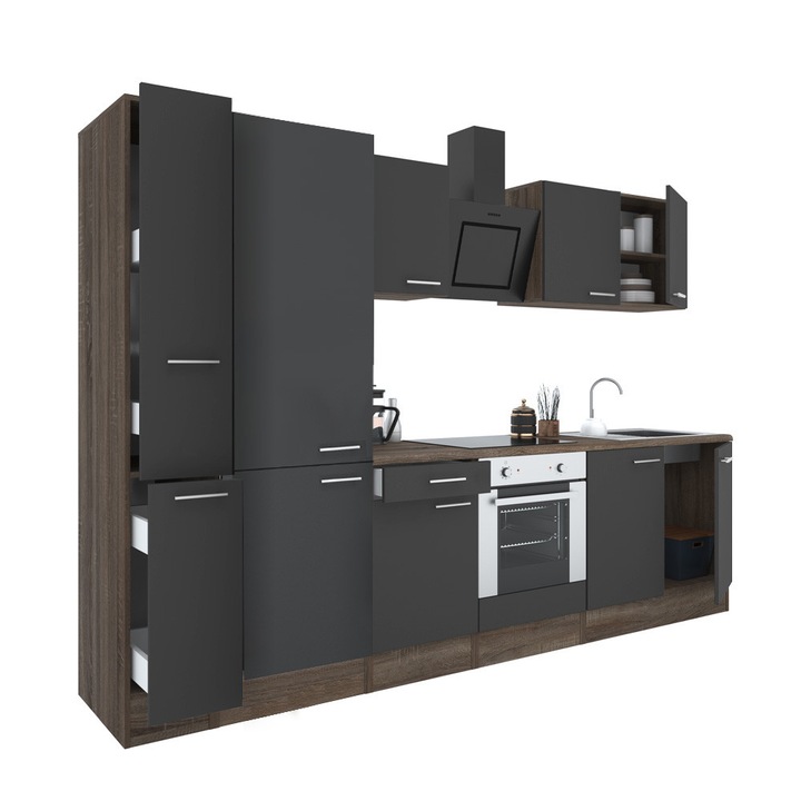 Set mobila bucatarie Yorki 300, corp din stejar Yorki, fata antracit satinat, element inferior cuptor, dulap cu raft
