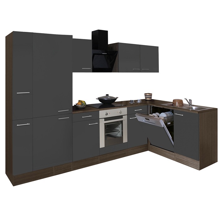 Set mobila bucatarie de colt Yorki 310, corp din stejar Yorki, fata antracit satinat cu element inferior cuptor, dulap cu raft