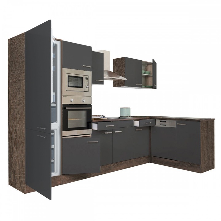 Set mobila bucatarie de colt Yorki 340, corp din stejar Yorki, fata antracit satinat, cu frigider sub chiuveta