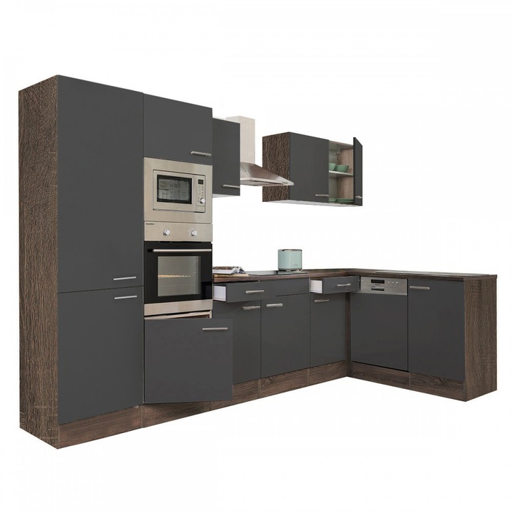 Set mobila bucatarie coltar Yorki 340, corp din stejar Yorki, fata antracit satinat, cu dulap cu raft