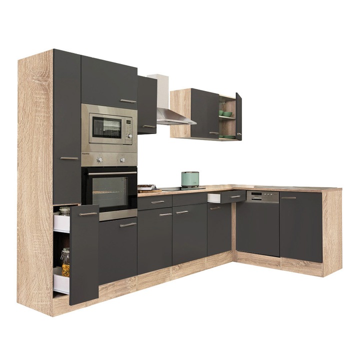 Set mobila bucatarie coltar Yorki 310, corp stejar sonoma, cu fata antracit satinat