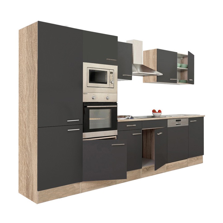 Set mobila bucatarie Yorki 340, corp stejar sonoma, fata antracit satinat, cu dulap raft