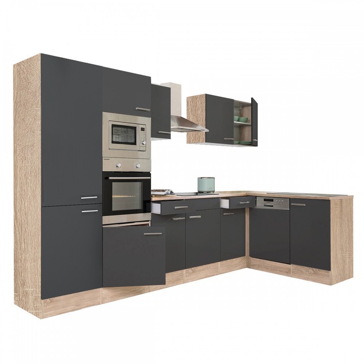 Set mobila bucatarie coltar Yorki 340, corp stejar sonoma, fata antracit satinat, cu dulap raft