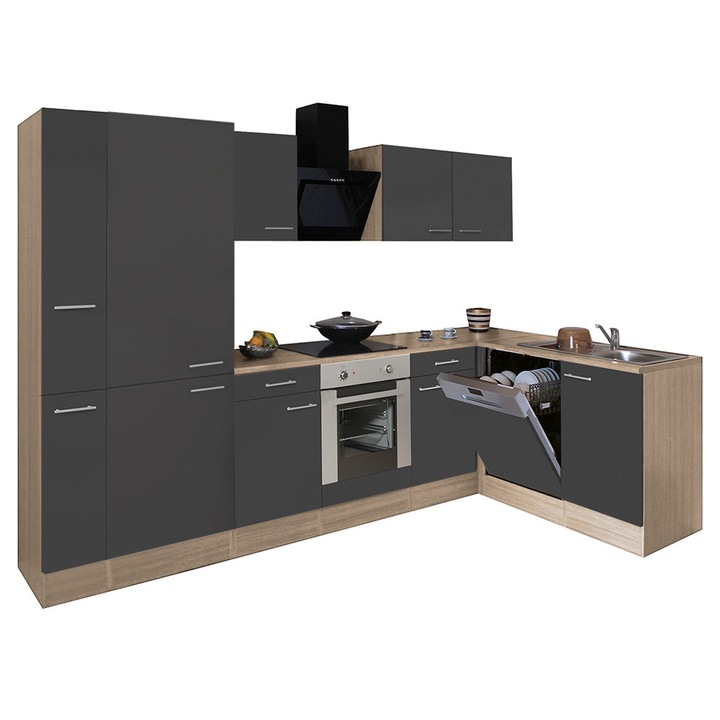 Set mobila bucatarie de colt Yorki 310, corp din stejar sonoma, fata antracit satinat, element inferior cuptor, dulap cu raft