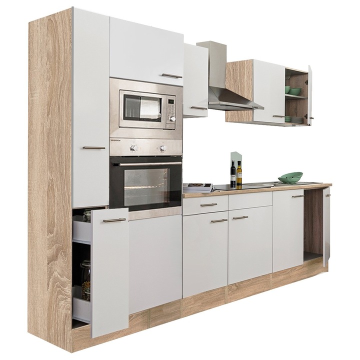 Set mobila bucatarie Yorki 300, corp stejar sonoma, cu fata alb satinat