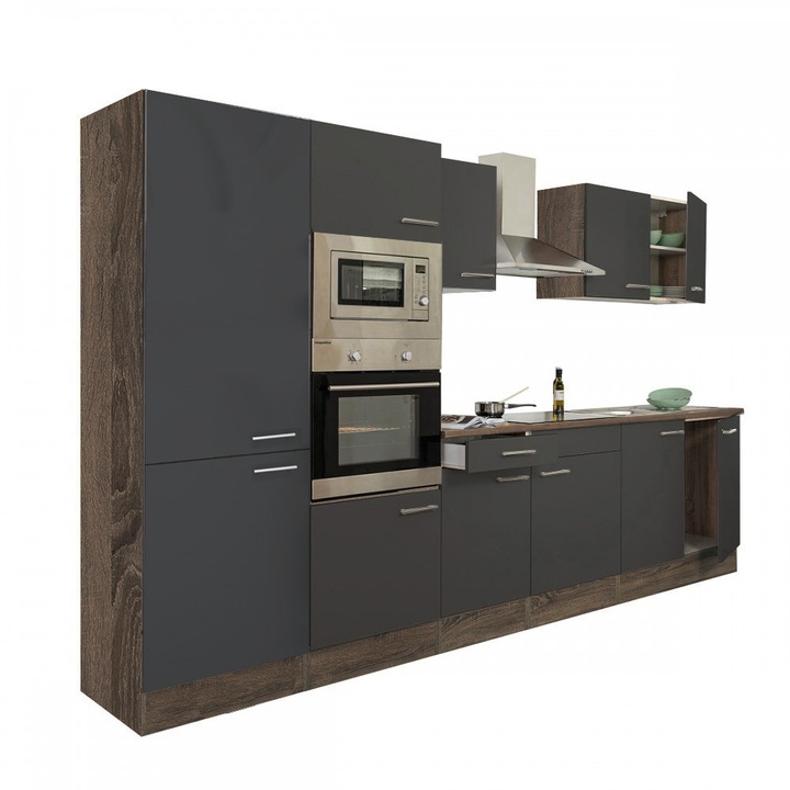 Set mobila bucatarie Yorki 330, corp din stejar Yorki, fata antracit satinat, cu dulap raft