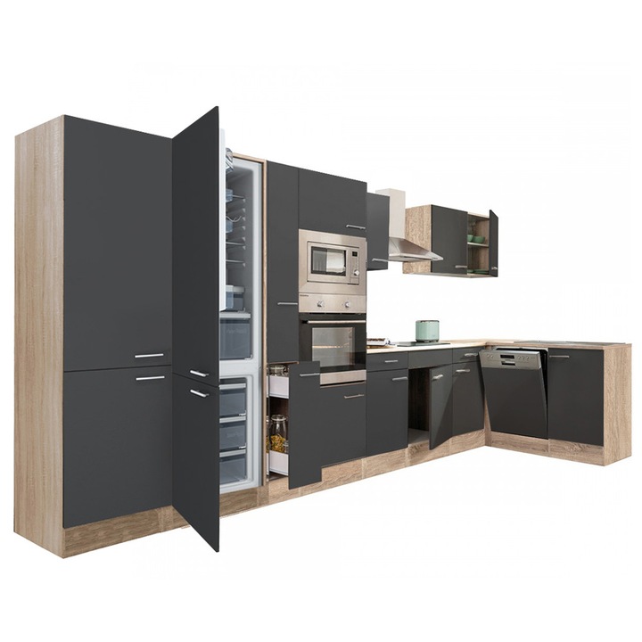 Set mobila bucatarie coltar Yorki 430, corp stejar sonoma, fata antracit satinat, cu frigider sub suprafata