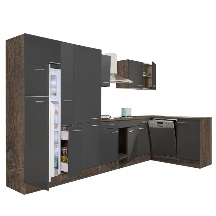 Set mobila bucatarie de colt Yorki 370 cu corp din stejar Yorki, fata antracit satinat, dulap cu raft si frigider cu congelator superior