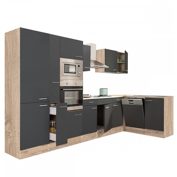 Set mobila bucatarie coltar Yorki 370, corp stejar sonoma, fata antracit satinat, cu dulap cu etaje