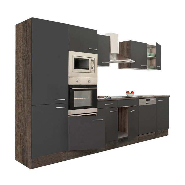 Set mobila bucatarie Yorki 340, corp din stejar Yorki, fata antracit satinat, cu dulap raft