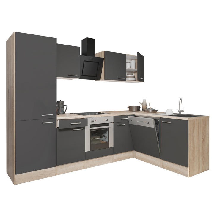 Set mobila bucatarie de colt Yorki 280, corp din stejar sonoma, fata antracit satinat cu element inferior cuptor, dulap cu raft