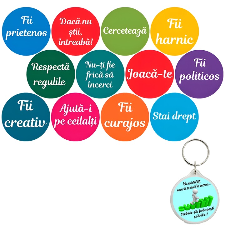 Set stickere educationale Reguli esentiale, autocolant, 50x40 cm si breloc drumul spre succes