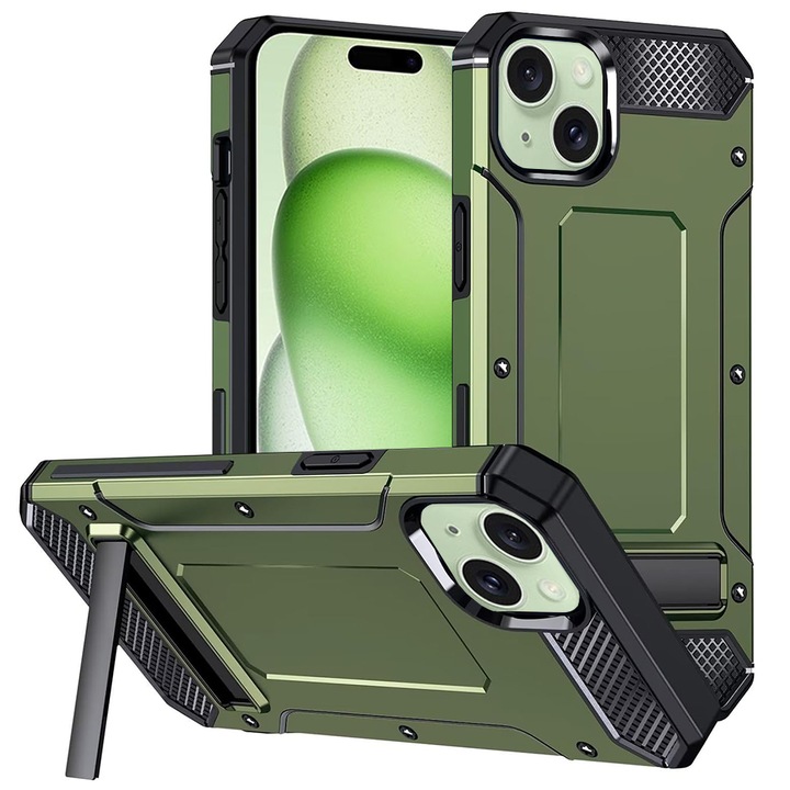 Husa pentru iPhone 15 Plus, Techsuit Hybrid Armor Kickstand, Green