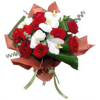 Buchet elegant, Floraria Amazon, Phalaenopsis si trandafiri, rosu si alb Buchet elegant, Floraria Amazon, Phalaenopsis si trandafiri, rosu si alb