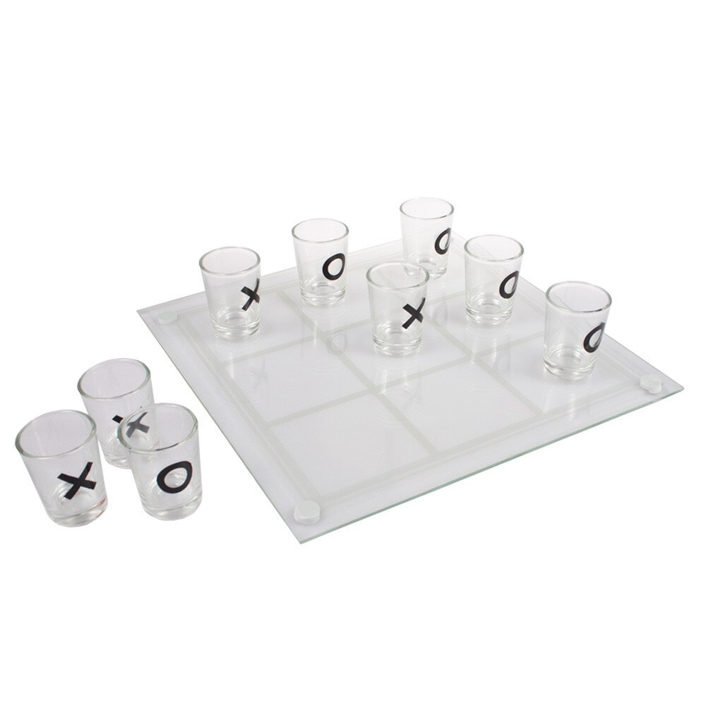 Set 9 pahare shot cu tava suport joc X si 0, joc de baut pentru adulti Tic Tac Toe, sticla, Lifetime Games