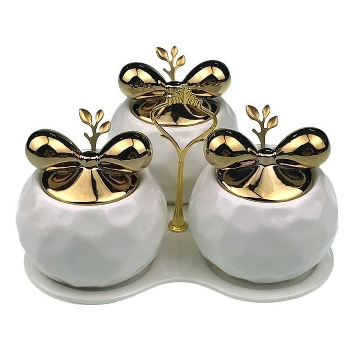 Oliviera din ceramica, 3 boluri, cu lingurita, 22x12cm, alb-auriu