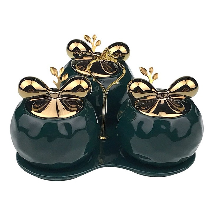 Оливерник от керамика, 3 купи, с лъжица, 22x12 см, тъмно зелен / златист цвят