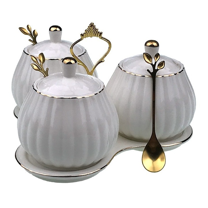 Oliviera din ceramica, 3 boluri, cu lingurita, 21x14cm, alb-auriu