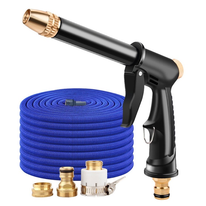 Set pistol apa pentru spalat cu presiune cu furtun extensibil pana la 7.5 m, avand conectarea pe furtun gradina, pentru spalare auto, curatenie curte, covoare