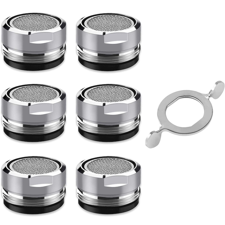 6 db-os csaptelepszellőztető készlet, NUODWELL, Kulccsal és tömítőtömítéssel, víztakarékosság akár 50%, vízáramlás 12-15L/perc, szűrő funkció, sárgaréz és rozsdamentes acél anyag, könnyen szerelhető, ezüst