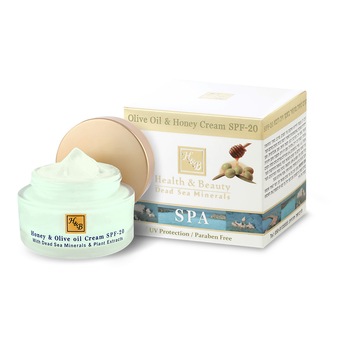 Crema hidratanta cu ulei de masline si miere, Health and Beauty Marea Moarta, fara parabeni, Omega 3+6, SPF-20, 50 ml Crema hidratanta cu ulei de masline si miere, Health and Beauty Marea Moarta, fara parabeni, Omega 3+6, SPF-20, 50 ml