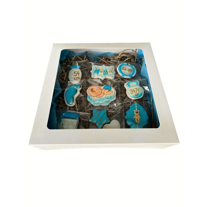 Cutie cu biscuiti de vanilie personalizati, decorati si pictati manual cu glazura de zahar, royal icing, pentru bebelus, Bine ai venit pe lume 500 gr