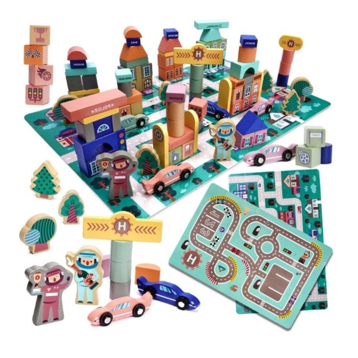 Set de Constructie pentru Copii My Colorful City, Cuburi din Lemn Natural Colorate, 160 Elemente, 58.5cm x 38.5cm, Dezvolta Inteligenta si Indemanarea, Multicolor