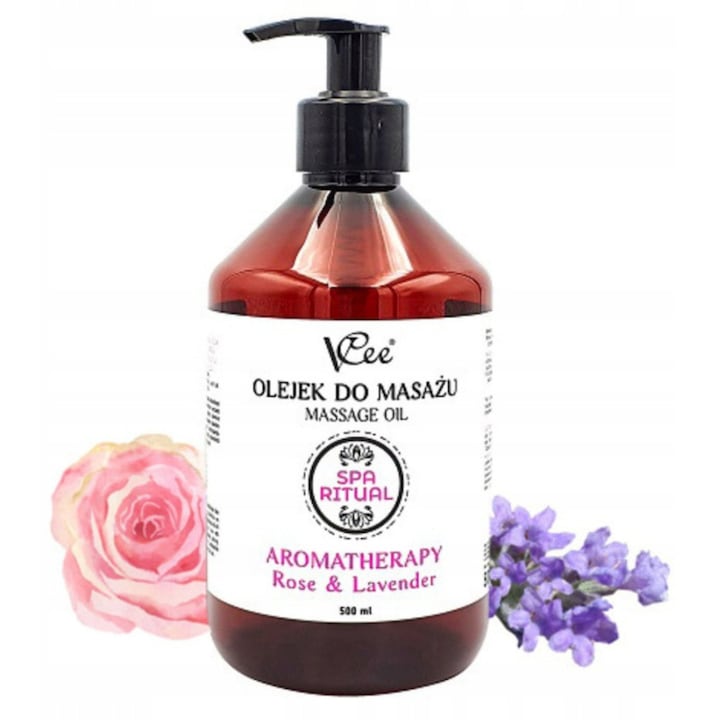 Ulei de masaj natural cu trandafir si lavanda VCee 500 ml, vegan, aromaterapie profesionala, hidratant, produs in Polonia, cu pompa