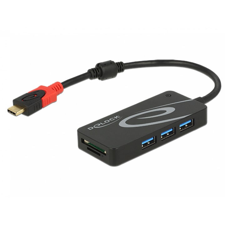 Хъб USB Delock 62900, USB Type-C 3.1 към 3 x USB-A, 2 слота за SD карта, Черен