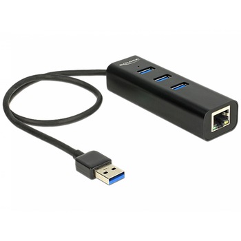 HUB USB 3.0 + 1 x port Gigabit LAN Negru, Delock 62653 HUB USB 3.0 + 1 x port Gigabit LAN Negru, Delock 62653