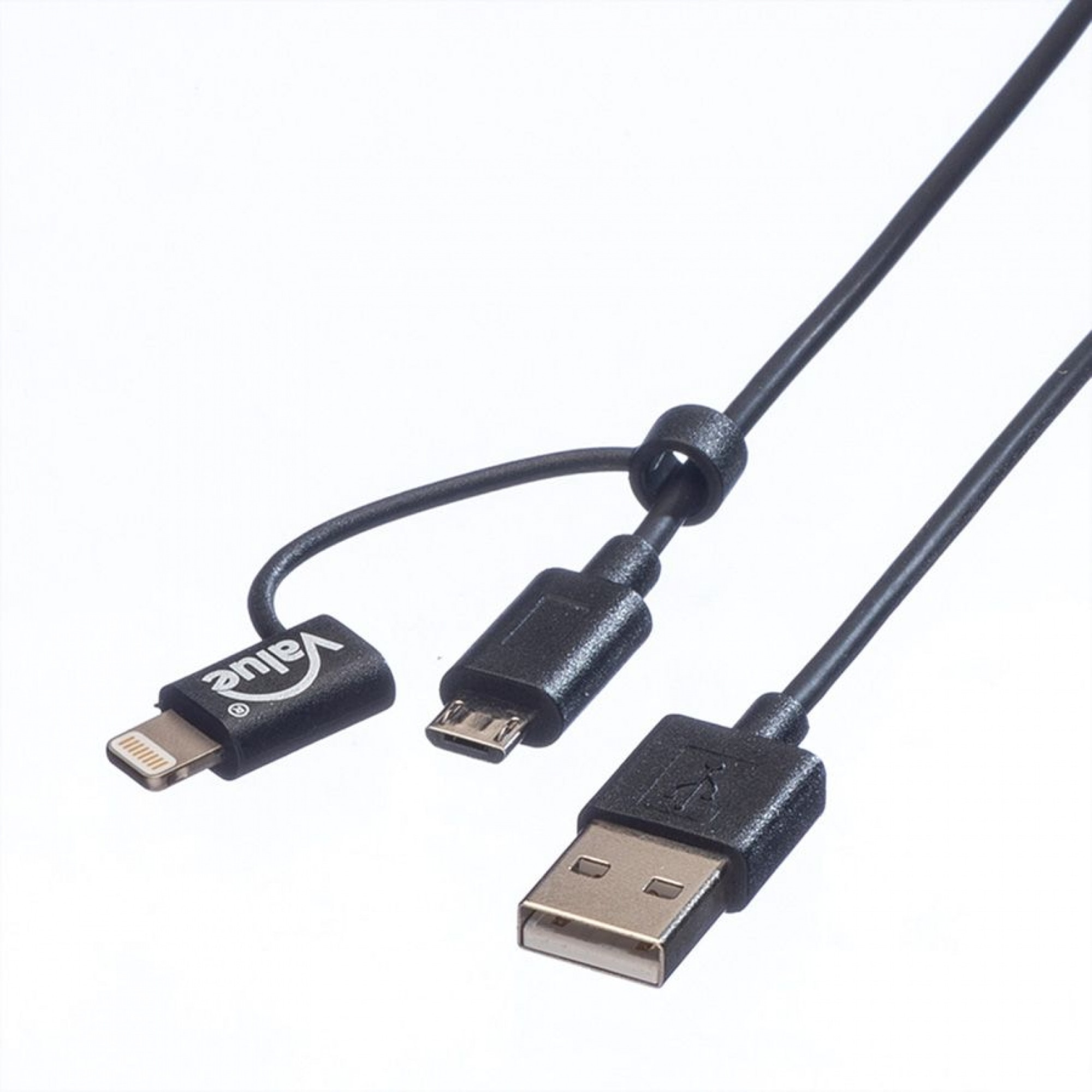 Cablu USB la micro USB-B + adaptor Lightning iPhone 5/6/7 Negru 1m, Value 11.99.8325