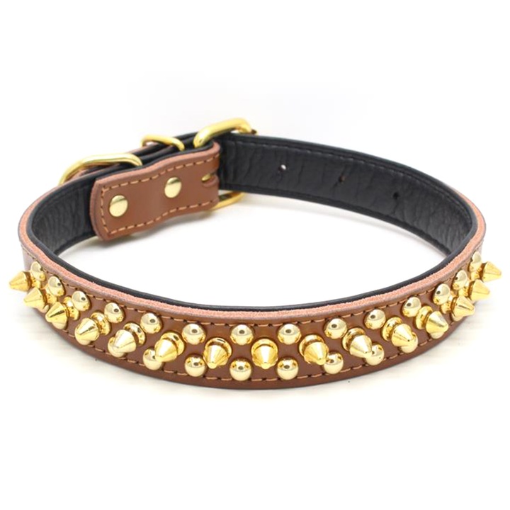 Zgarda din piele cu tepi aurii, ajustabila, pentru protectie caini, maro/auriu, S