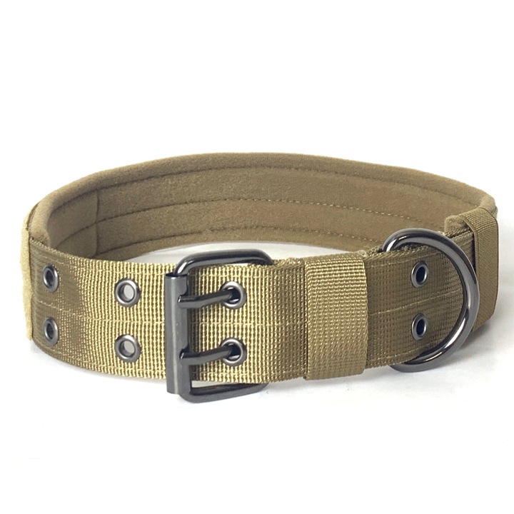 Zgarda tactica pentru caini, nylon reflectorizant, cu catarama metalica, marime medie, kaki