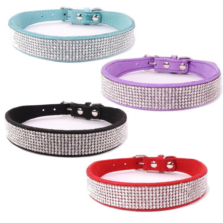 Set 4 zgarzi pentru caini si pisici, piele intoarsa cu diamante, multicolor, reglabil