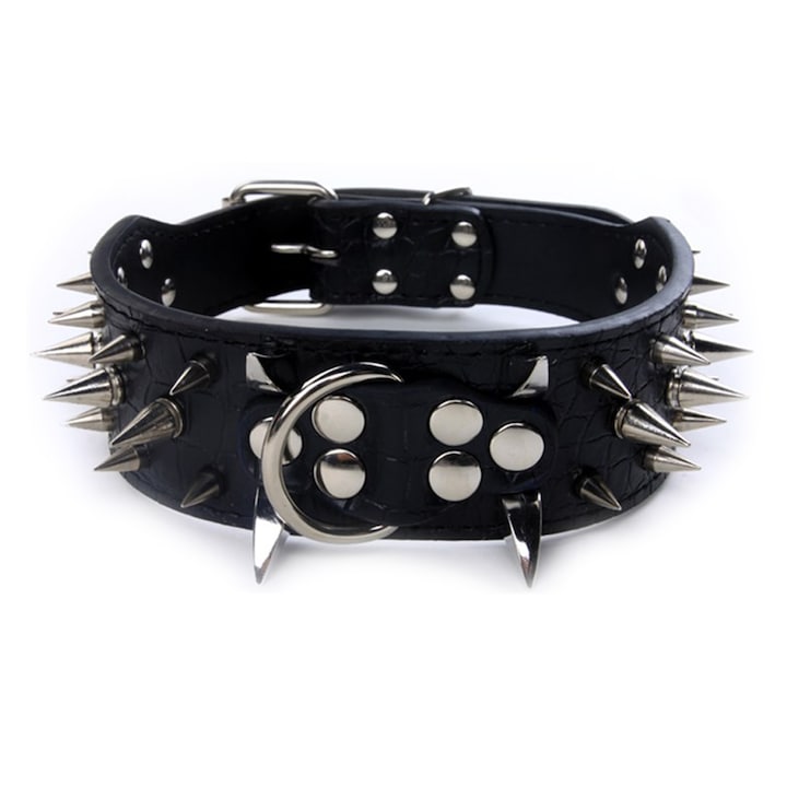 Нашийник с шипове за кучета, QttvbTna, кожа, регулируем, черен/сребрист, 51x5см