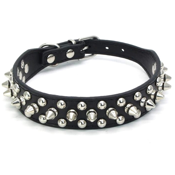 Zgarda pentru caini cu tepi, piele PU, neagra, XXS