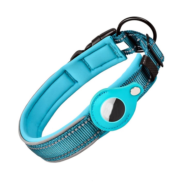 Zgarda pentru caini, nylon, suport Airtag, albastru, S