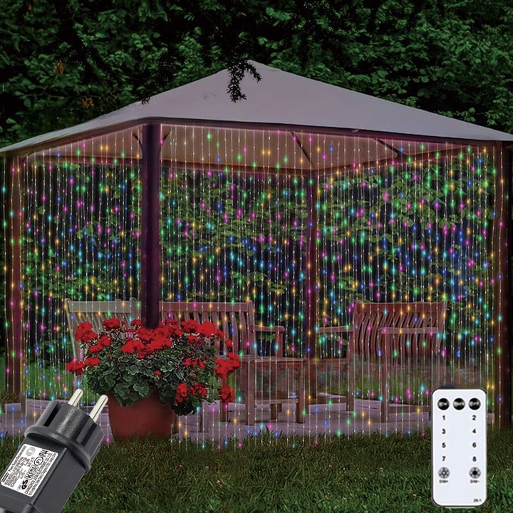 Perdea lumini solara, LED, 3m, Rezistenta la apa, Negru