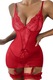 Lenjerie sexy dama, set 3 piese, top cu portjartiere si decolteu in V, chilot tanga si jartiere detasabile, model mulat cu fundite, EFAYN, Rosu