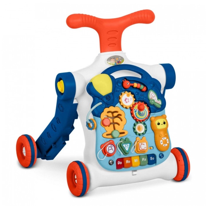 Antepremergator educational transformabil 4 in 1 Ricokids Albastru cu panou interactiv detasabil, transformabil in masuta de activitati, vehicul fara pedale sau trotineta,33 melodii, volum reglabil