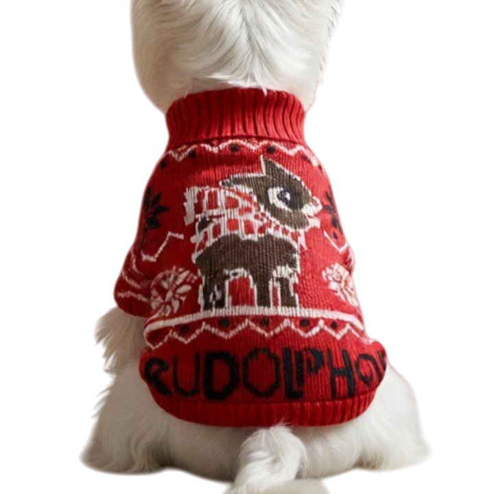 Pulover tricotat pentru caini, cu renul Rudolph, rosu, 2XL
