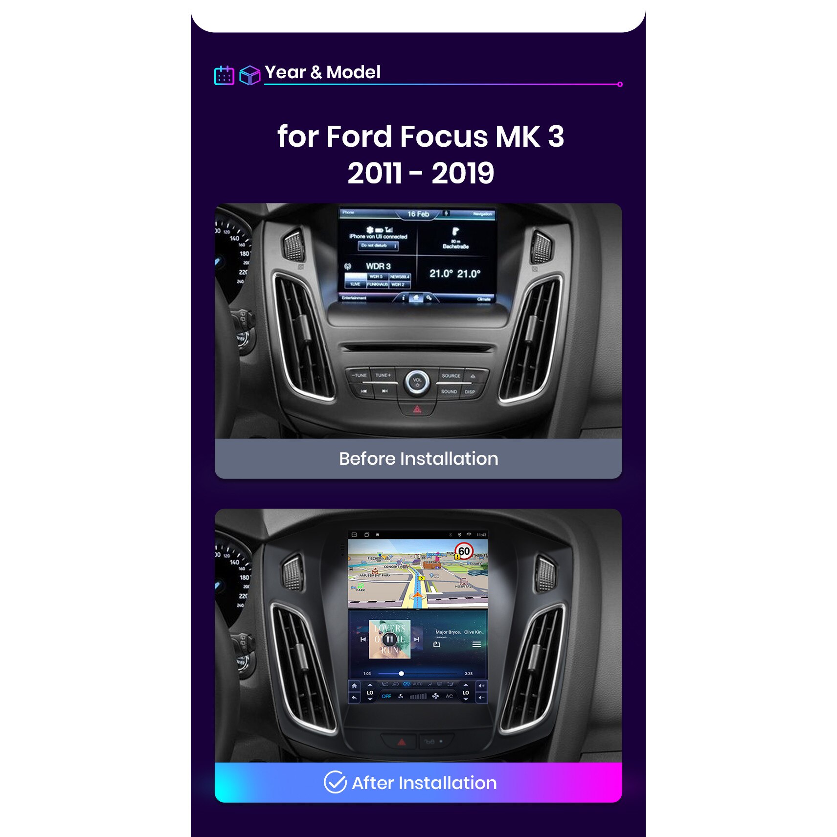 Съвместим с навигация Ford Focus 3 2011-2018 Тип Tesla, Android 11, 9.7 ...