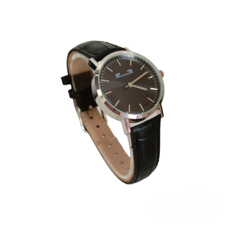Ceas Dama Analog Mecanism Quartz Cadran Negru Carcasa Argintie Curea Piele Imprimeu Crocodil, Matteo Ferari, Style4You Collection, OSMF341N, Negru