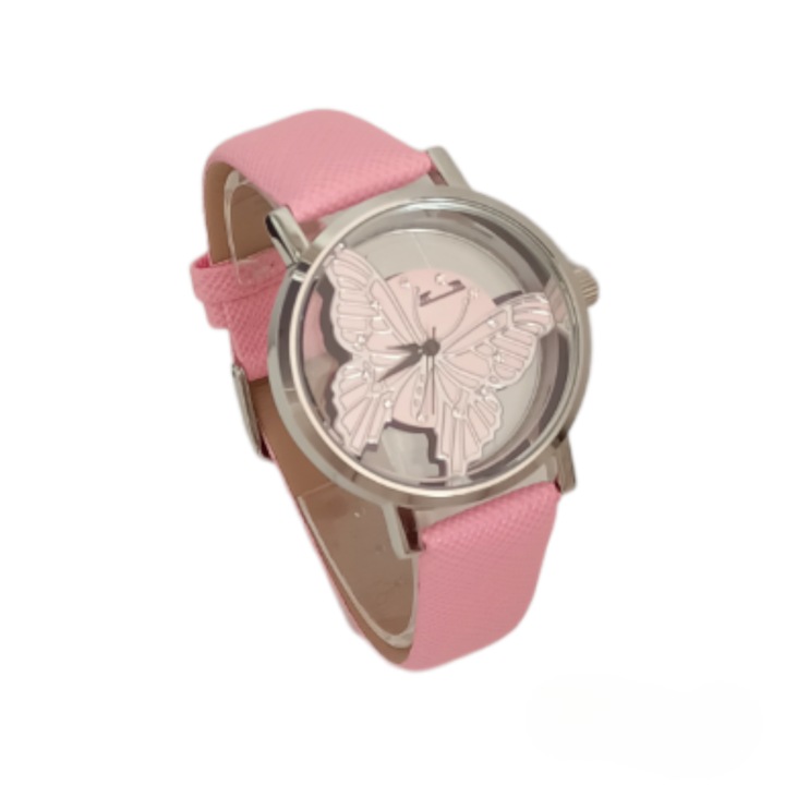 Ceas Dama Analog Mecanism Quartz Cadran Roz Insertii Cristale Carcasa Argintie Curea Piele, Matteo Ferari, Style4You Collection, OSMFF3199PL, Roz Deschis