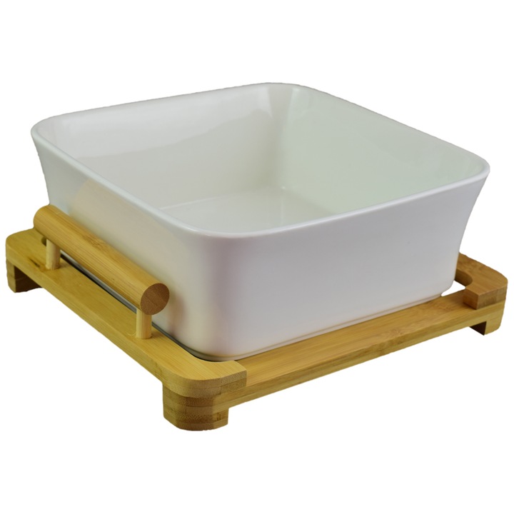 Bol pentru salata din Portelan cu suport din Bambus, 23x23x11 cm
